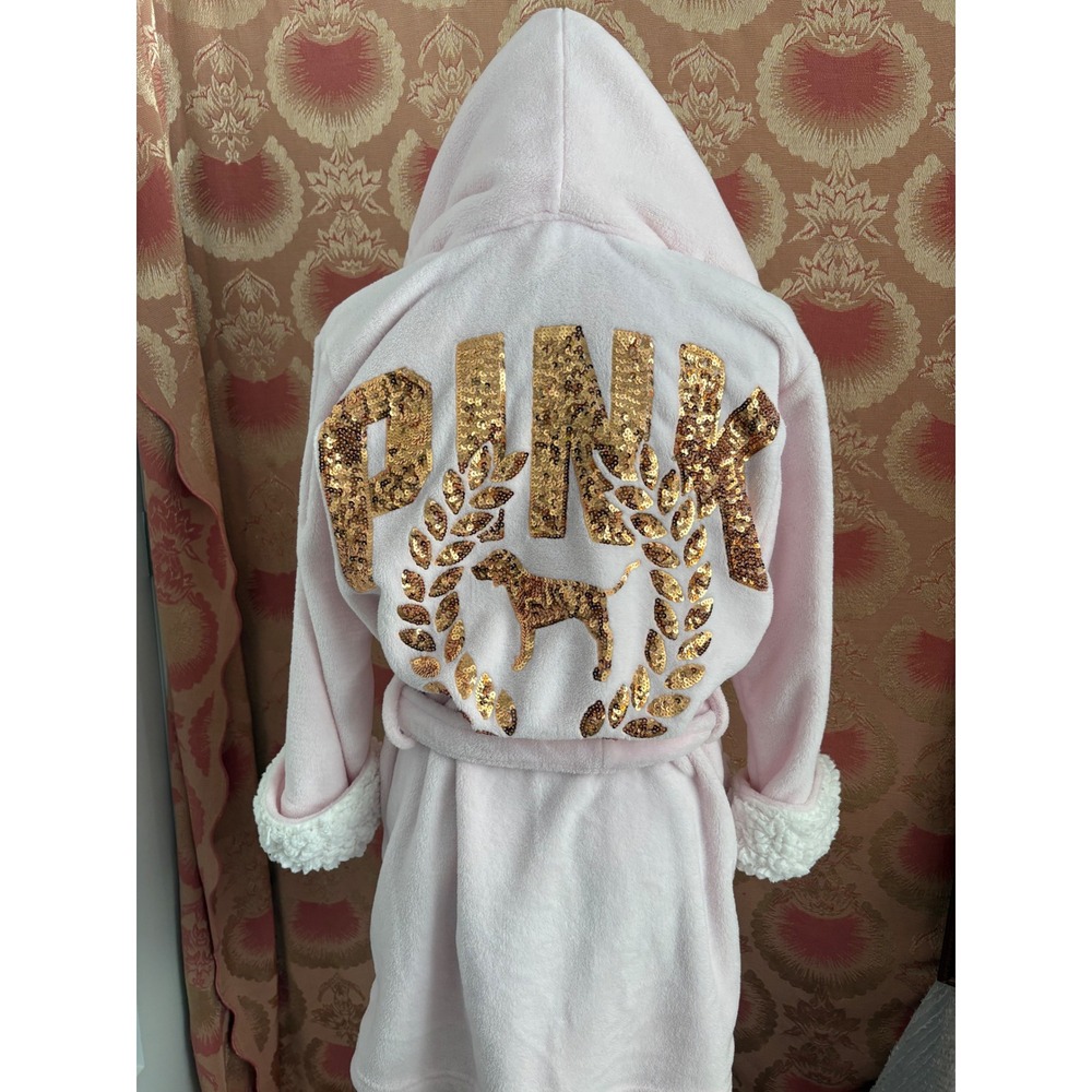 Victoria's Secret PINK Plush Sherpa Hooded Robe Sequin Embellished, Small